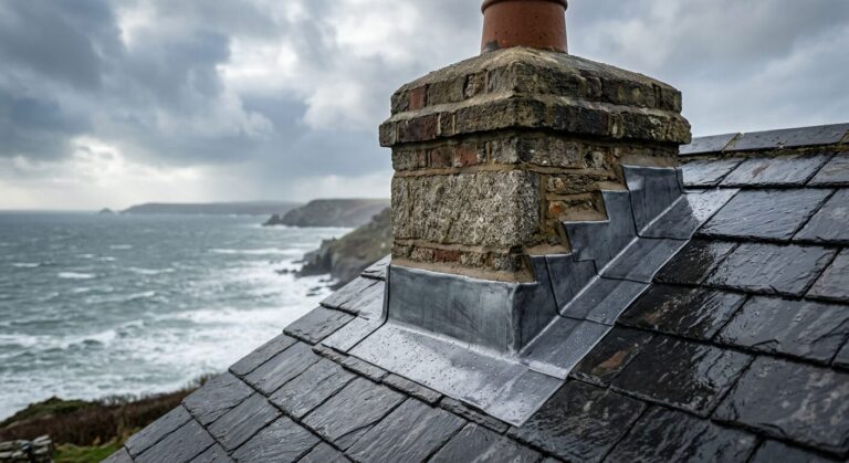 Close up of chimney with code 5 lead flashing on a slate roof, ocean and overcast sky in background.