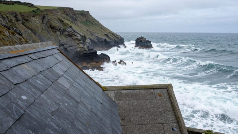 Slate and concrete roof tiles against a Cornish coastal backdrop.