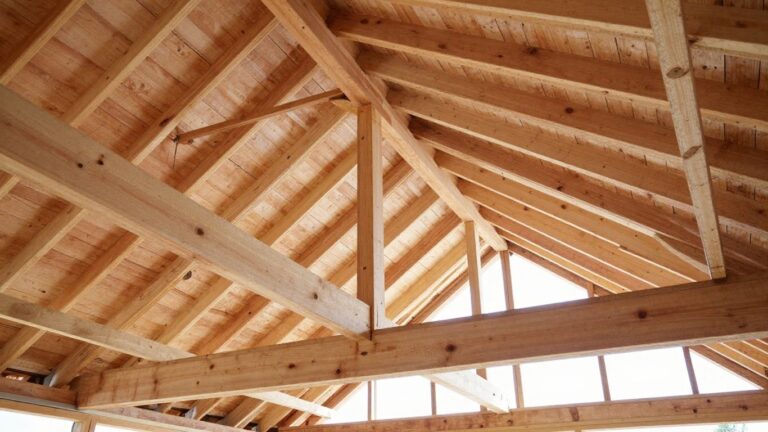 Wooden roof trusses ready for loft conversion construction.
